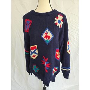 Vintage Robert Scott‎ Ltd Navy Ramie Cotton Sweater Geometric Diamond Pattern L